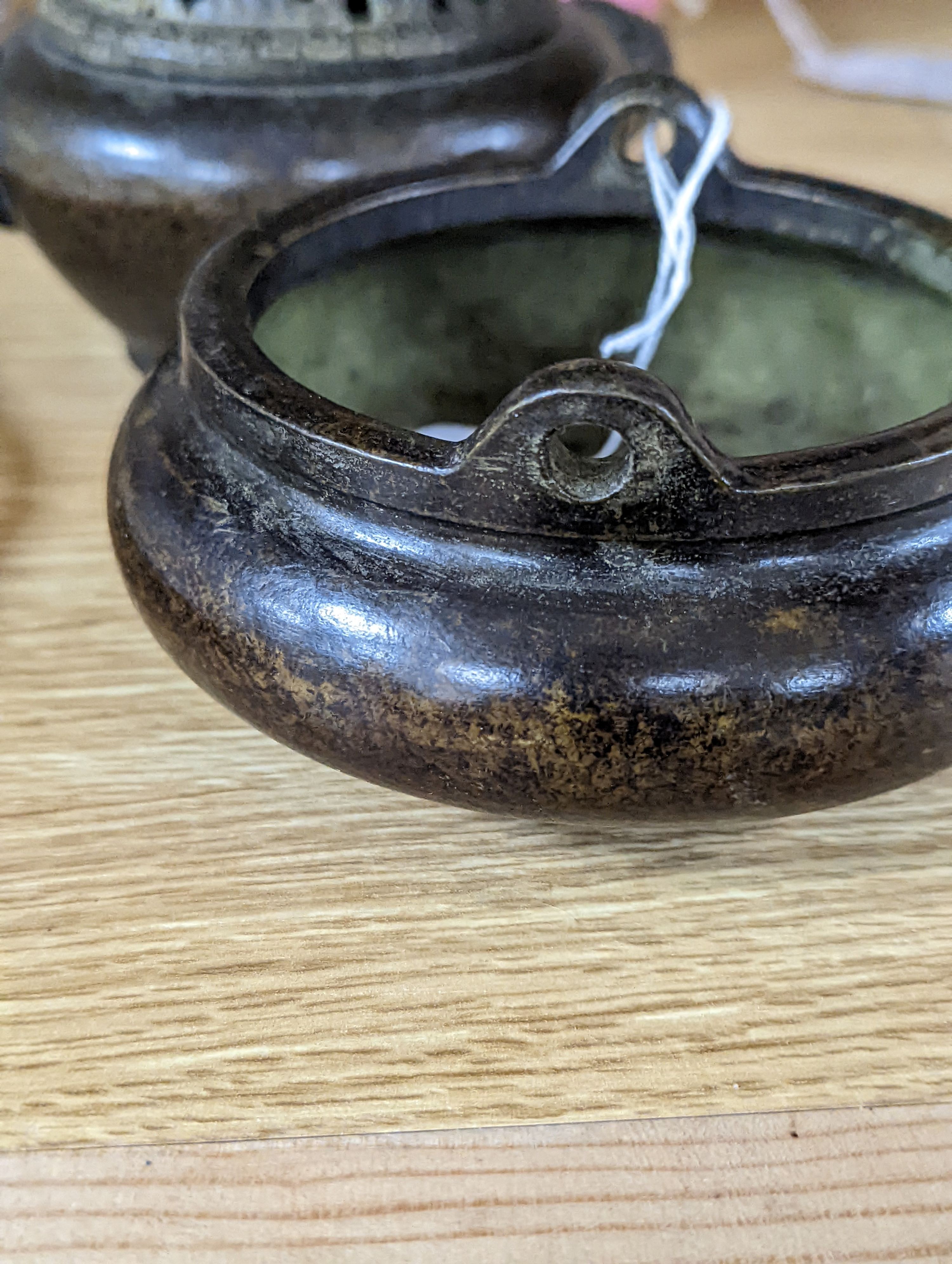 A Chinese bronze tripod censer and a Chinese bronze censer and cover 11cm